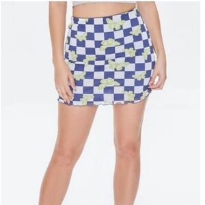 Forever 21 Blue Checkerboard Mini Skirt with Light Green Floral Accent